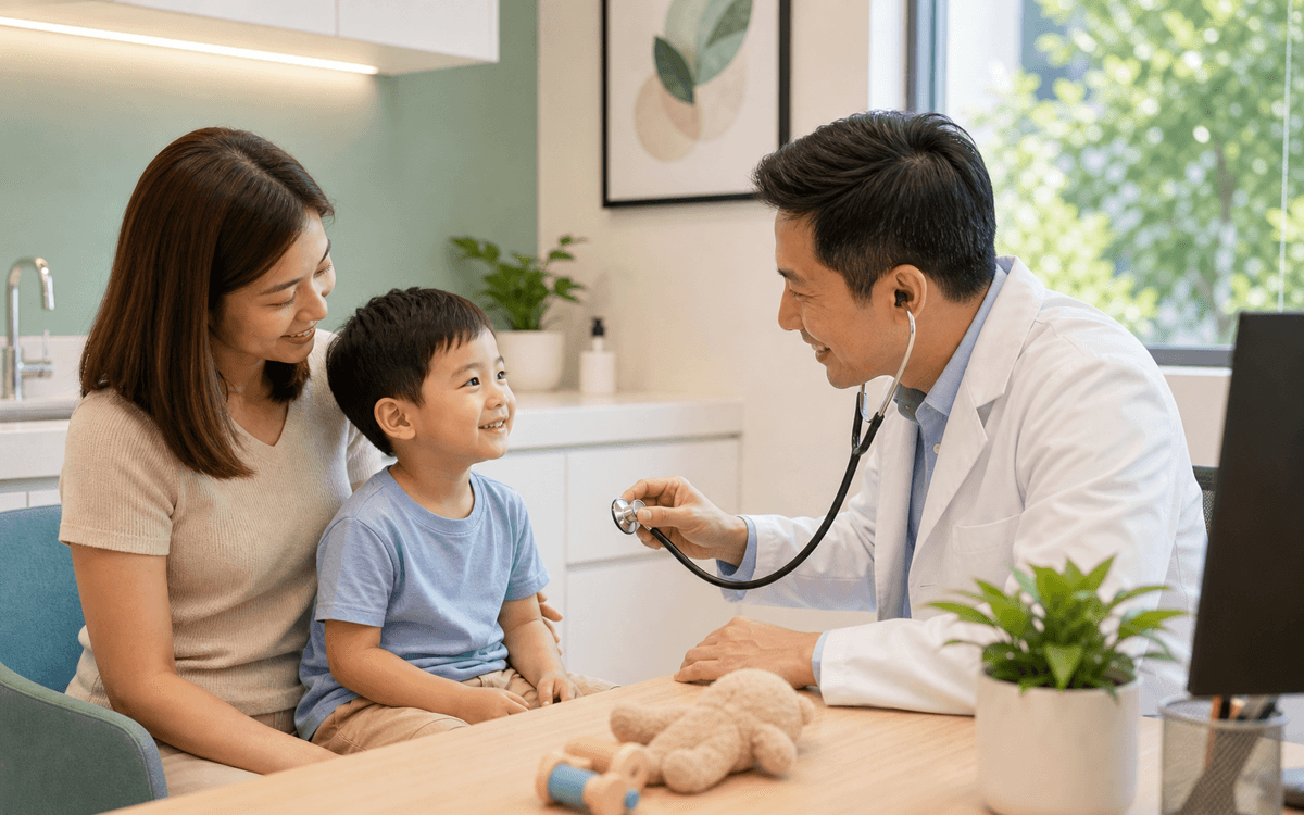 Doctor seeing a young child with a parent at the clinic