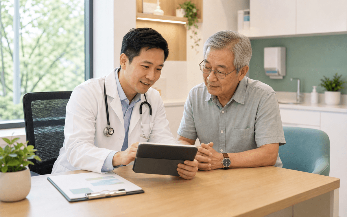 Doctor reviewing health records with an older patient