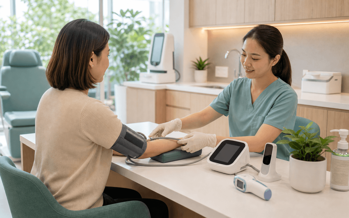 Nurse checking a patient during a clinic health screening