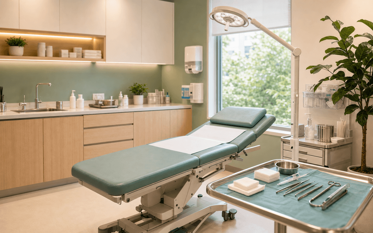 Clean clinic treatment room prepared for minor procedures