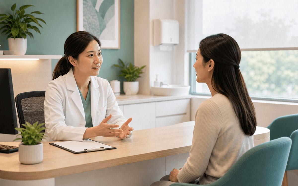 Female doctor speaking with a woman patient in a consult room